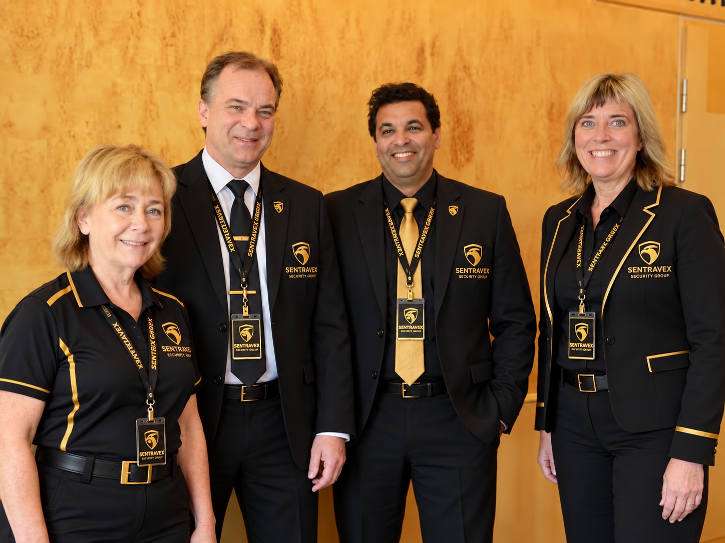 Four Sentravex team members wearing black and gold professional uniforms