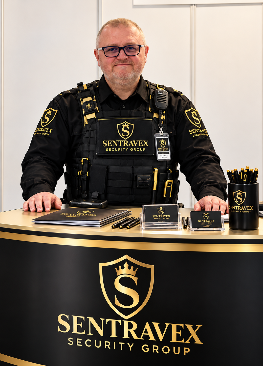Richard Walter in Sentravex security uniform behind a branded reception desk